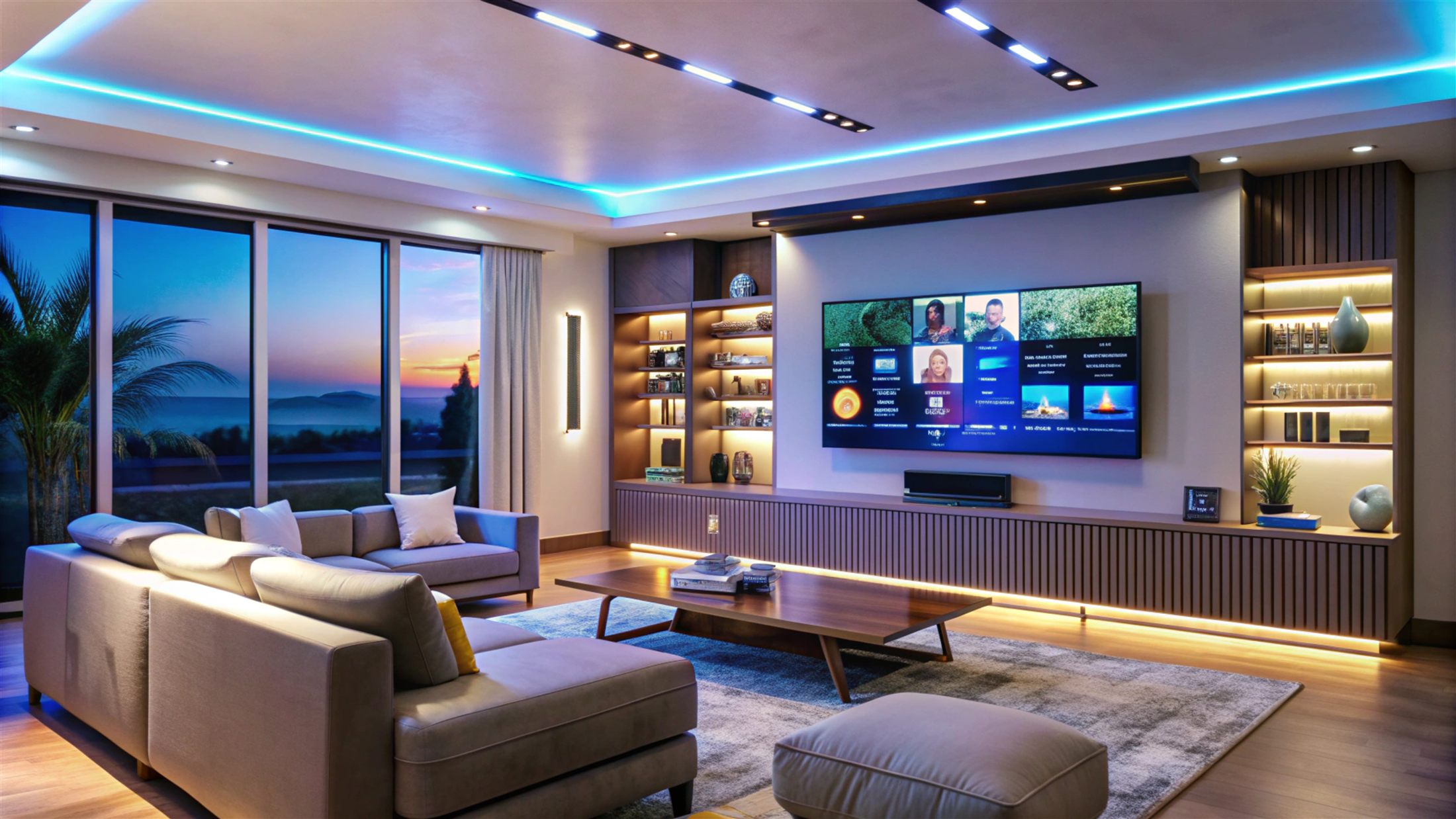 Modern media wall with integrated TV and ambient lighting